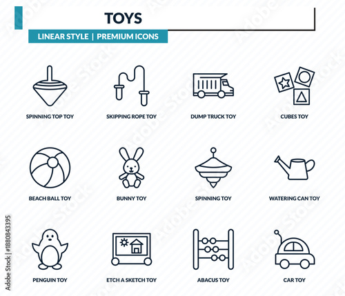 toys icons set - spinning top toy, skipping rope toy, dump truck toy, watering can car outline vector collection.