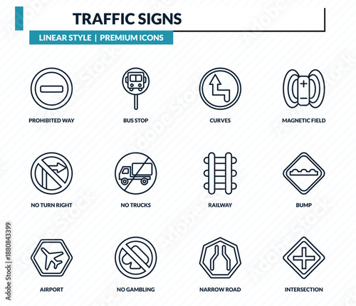 traffic signs icons set - prohibited way, bus stop, curves, bump, intersection outline vector collection.