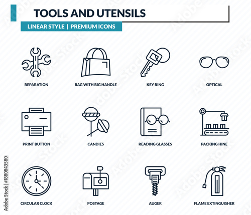 tools and utensils icons set - reparation, bag with big handle, key ring, packing hine, flame extinguisher outline vector collection.