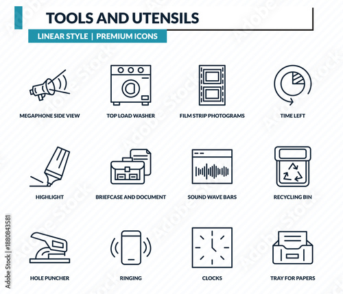 tools and utensils icons set - megaphone side view, top load washer, film strip photograms, recycling bin, tray for papers outline vector collection.
