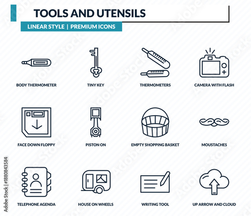 tools and utensils icons set - body thermometer, tiny key, thermometers, moustaches, up arrow and cloud outline vector collection.