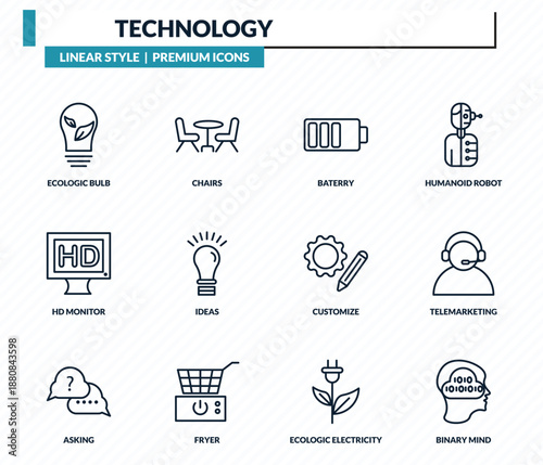 technology icons set - ecologic bulb, chairs, baterry, telemarketing, binary mind outline vector collection.