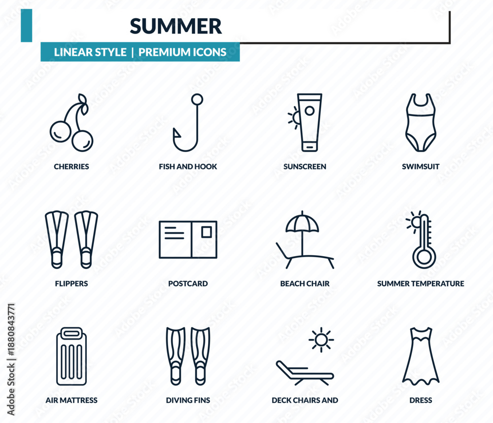 Naklejka premium summer icons set - cherries, fish and hook, sunscreen, summer temperature, dress outline vector collection.