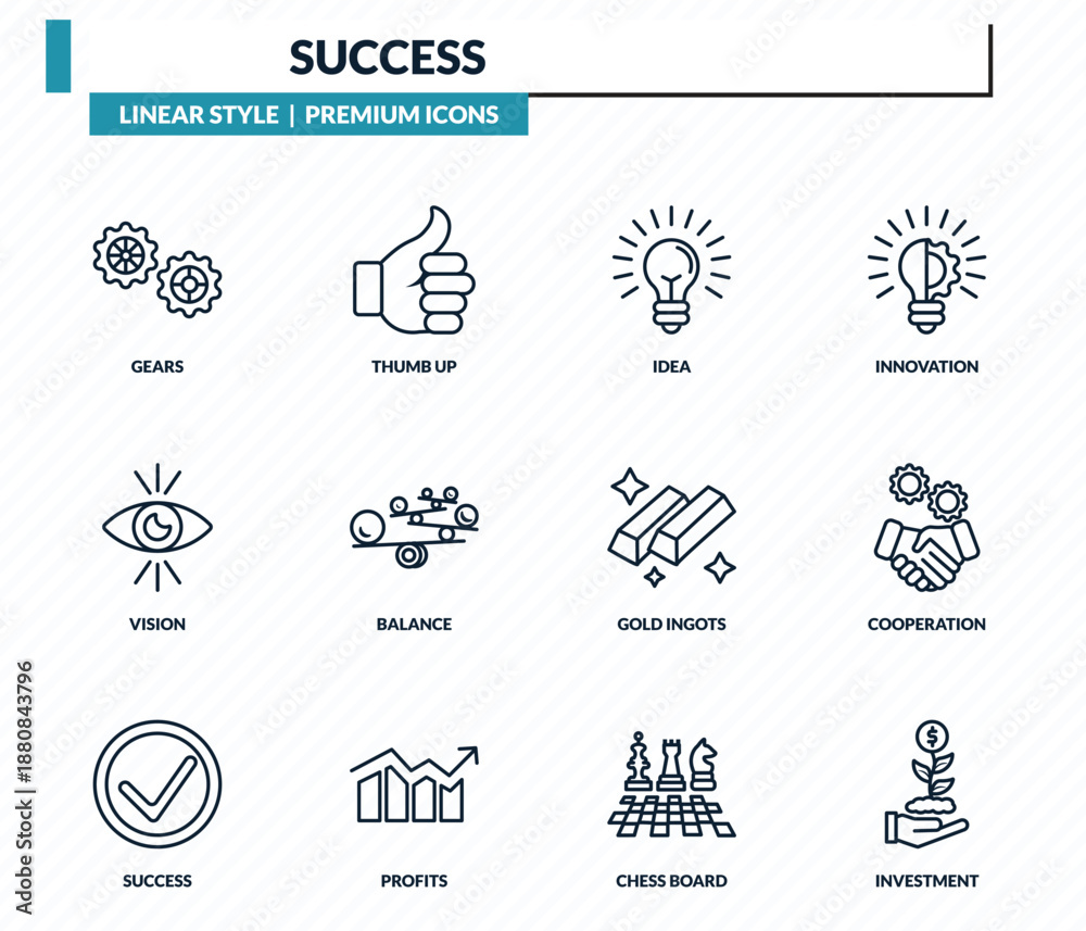 Fototapeta premium success icons set - gears, thumb up, idea, cooperation, investment outline vector collection.