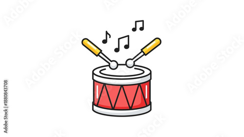 A cartoon-style illustration of a red drum with yellow drumsticks and musical notes on a white background.