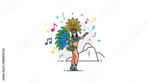 A colorful cartoon woman wearing a feathered costume dances with musical notes and confetti against a mountain backdrop with a lively and festive mood.