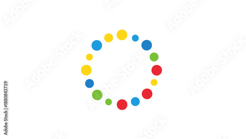 A colorful circular graphic composed of various sized dots in blue, green, red, and yellow hues on a white background.