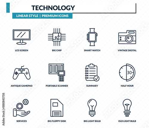 technology icons set - lcd screen, big chip, smart watch, half hour, old light bulb outline vector collection.