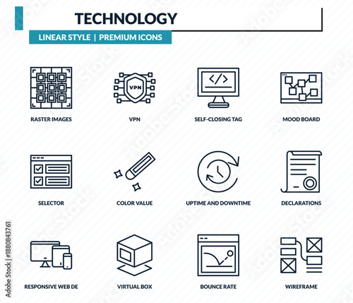 technology icons set - raster images, vpn, self-closing tag, declarations, wireframe outline vector collection.