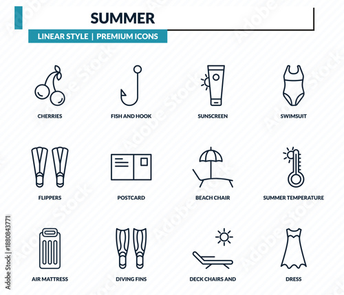 summer icons set - cherries, fish and hook, sunscreen, summer temperature, dress outline vector collection.