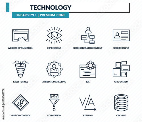 technology icons set - website optimization, impressions, user-generated content, grid system, caching outline vector collection.