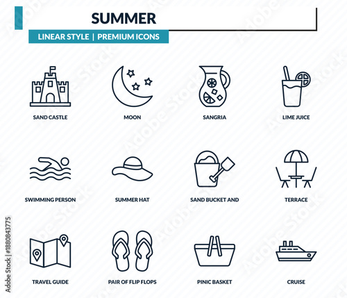 summer icons set - sand castle, moon, sangria, terrace, cruise outline vector collection.
