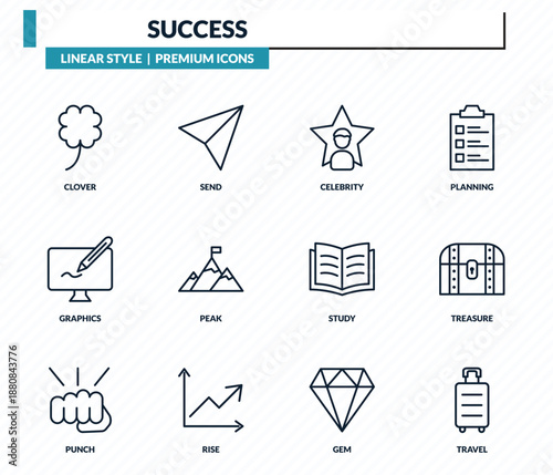 success icons set - clover, send, celebrity, treasure, travel outline vector collection.