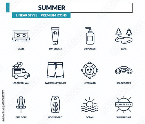 summer icons set - caste, sun cream, dispenser, sea scooter, summer sale outline vector collection.