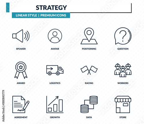 strategy icons set - speaker, avatar, positioning, workers, store outline vector collection.