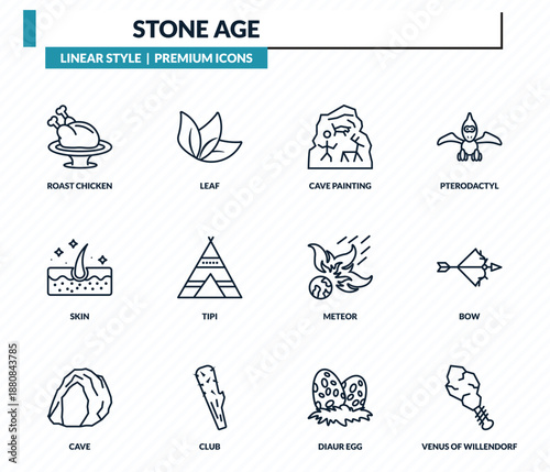 stone age icons set - roast chicken, leaf, cave painting, bow, venus of willendorf outline vector collection.