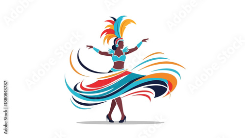 Illustration of a dancing woman in a vibrant, flowing costume with colorful feathers and swirling ribbons on a white background.