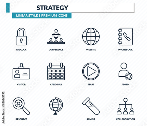 strategy icons set - padlock, conference, website, admin, collaboration outline vector collection.