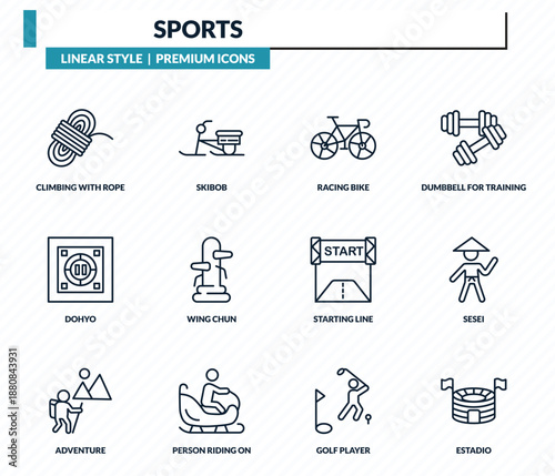 sports icons set - climbing with rope, skibob, racing bike, sesei, estadio outline vector collection.