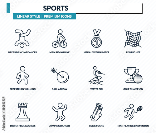 sports icons set - breakdancing dancer, man riding bike, medal with number 1, golf champion, man playing badminton outline vector collection.