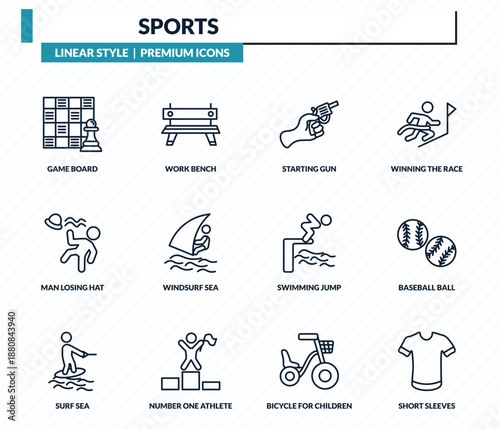 sports icons set - game board, work bench, starting gun, baseball ball, short sleeves outline vector collection.
