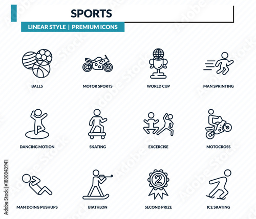 sports icons set - balls, motor sports, world cup, motocross, ice skating outline vector collection.