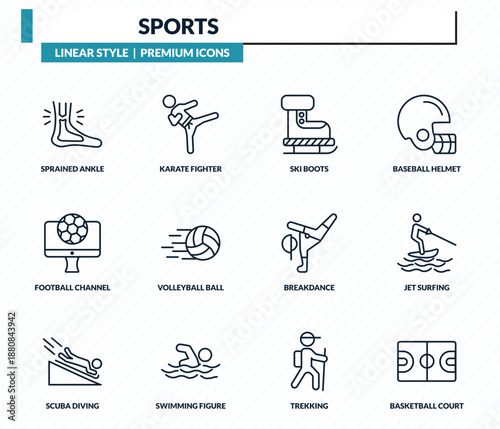 sports icons set - sprained ankle, karate fighter, ski boots, jet surfing, basketball court outline vector collection.