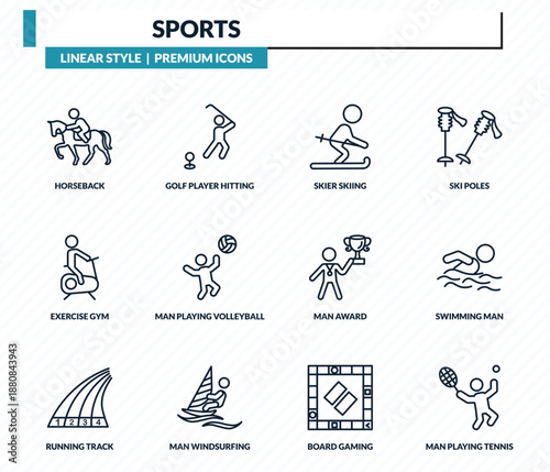 sports icons set - horseback, golf player hitting, skier skiing, swimming man, man playing tennis outline vector collection.