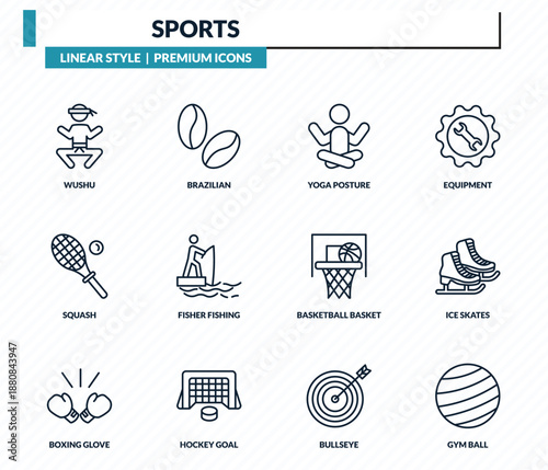 sports icons set - wushu, brazilian, yoga posture, ice skates, gym ball outline vector collection.
