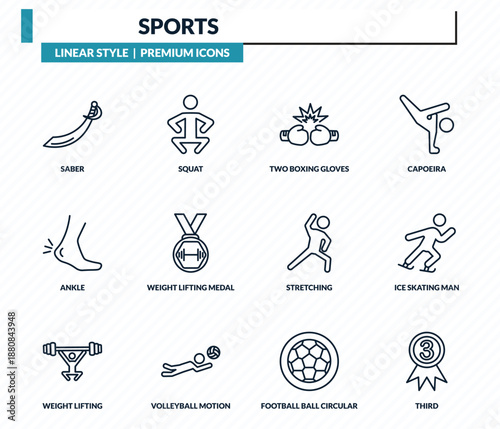 sports icons set - saber, squat, two boxing gloves, ice skating man, third outline vector collection.