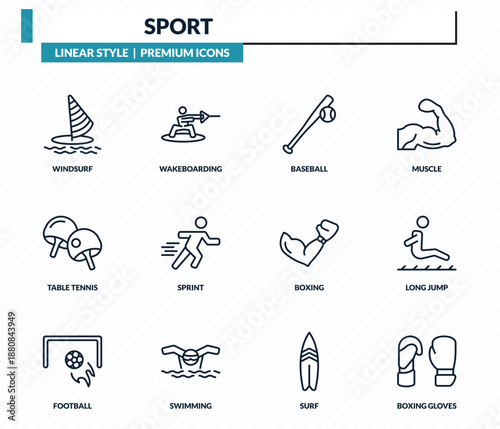 sport icons set - windsurf, wakeboarding, baseball, long jump, boxing gloves outline vector collection.