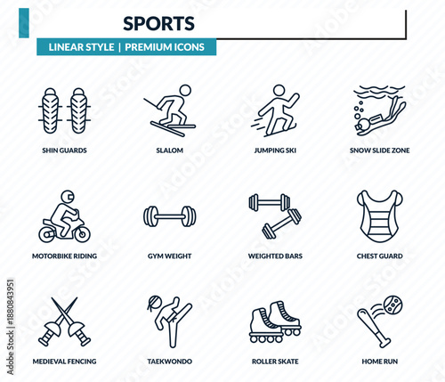 sports icons set - shin guards, slalom, jumping ski, chest guard, home run outline vector collection.