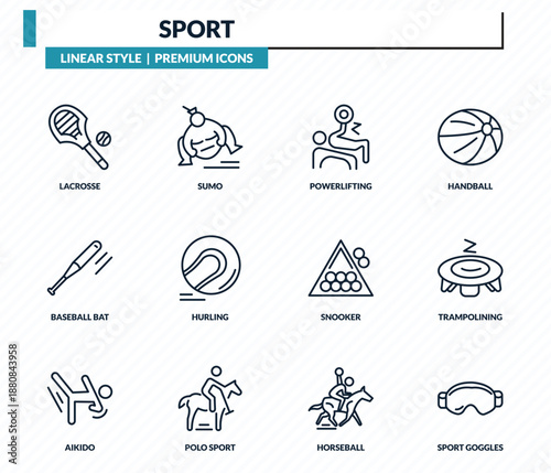 sport icons set - lacrosse, sumo, powerlifting, trampolining, sport goggles outline vector collection.