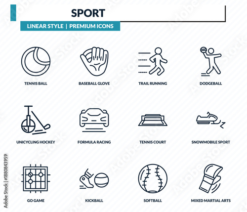 sport icons set - tennis ball, baseball glove, trail running, snowmobile sport, mixed martial arts outline vector collection.