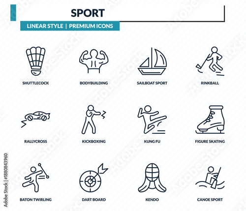 sport icons set - shuttlecock, bodybuilding, sailboat sport, figure skating, canoe sport outline vector collection.