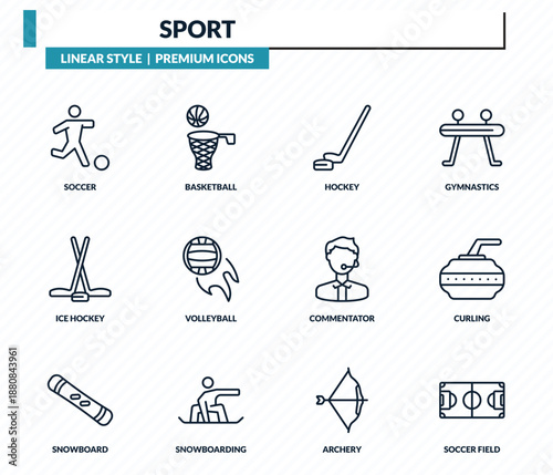 sport icons set - soccer, basketball, hockey, curling, soccer field outline vector collection.