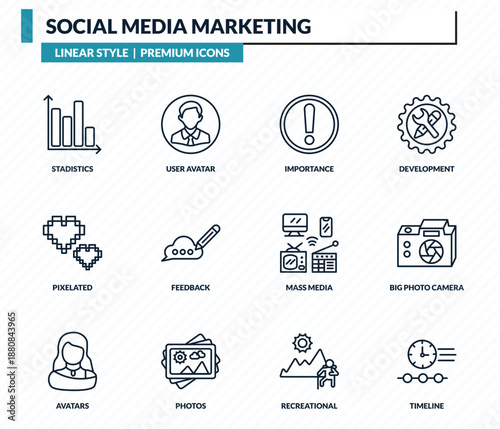 social media marketing icons set - stadistics, user avatar, importance, big photo camera, timeline outline vector collection.