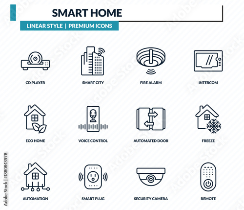 smart home icons set - cd player, smart city, fire alarm, freeze, remote outline vector collection.