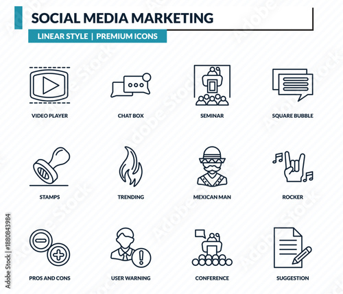 social media marketing icons set - video player, chat box, seminar, rocker, suggestion outline vector collection.