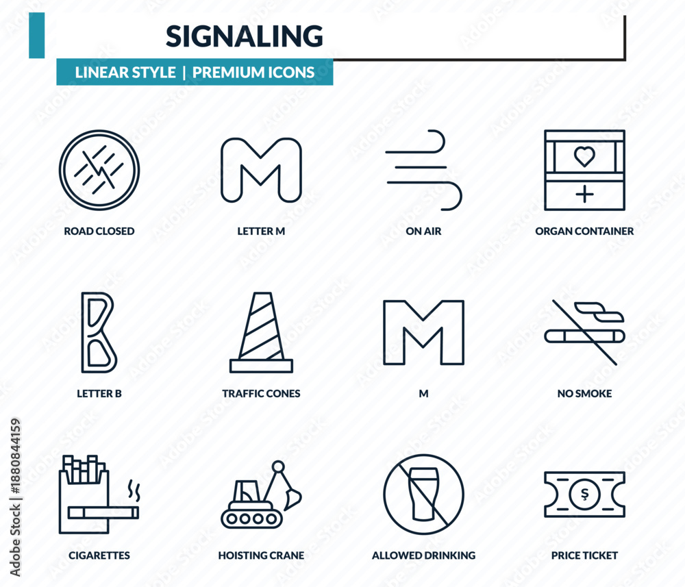 Fototapeta premium signaling icons set - road closed, letter m, on air, no smoke, price ticket outline vector collection.