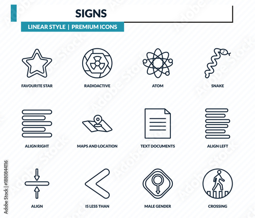 signs icons set - favourite star, radioactive, atom, align left, crossing outline vector collection.