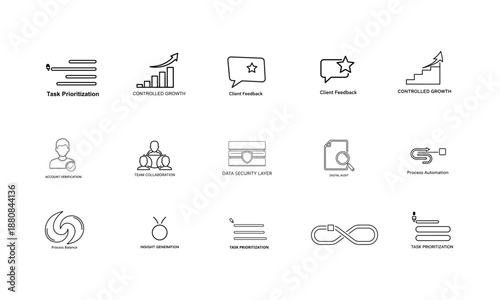 Task Prioritization, Notification and Business Insight Line Icons Professional line icon set showing task prioritization, smart notifications, insight generation, client feedback and data security 