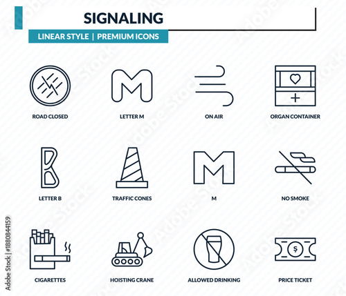 signaling icons set - road closed, letter m, on air, no smoke, price ticket outline vector collection.