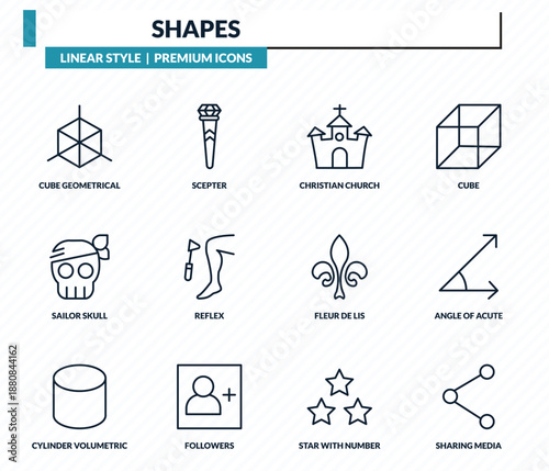 shapes icons set - cube geometrical, scepter, christian church, angle of acute, sharing media outline vector collection.