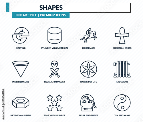 shapes icons set - halving, cylinder volumetrical, horseman, radiators, yin and yang outline vector collection.