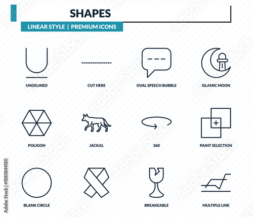 shapes icons set - undelined, cut here, oval speech bubble, paint selection, multiple line outline vector collection.