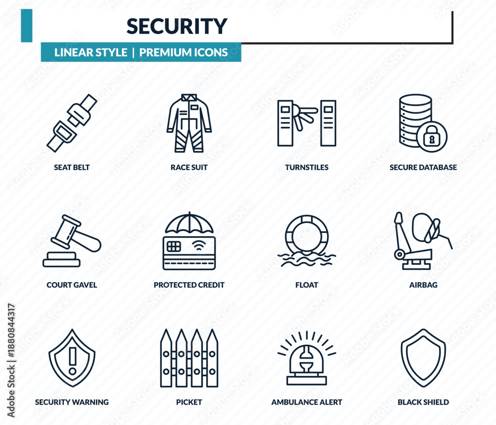 Fototapeta premium security icons set - seat belt, race suit, turnstiles, airbag, black shield outline vector collection.