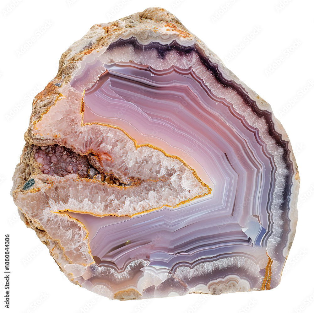 Obraz premium Displayed is an agate slice cross-section featuring vibrant concentric rings and intricate patterns on a transparent background. This natural gem is a captivating study of color and texture