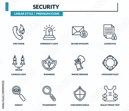 security icons set - fire phone, emergency light, secure envelope, lifeguard float, bullet proof vest outline vector collection.