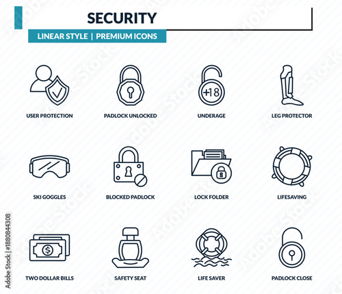 security icons set - user protection, padlock unlocked, underage, lifesaving, padlock close outline vector collection.